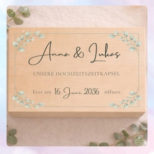 Personalisierte Zeitkapsel Hochzeit Holz, Erinnerungskiste Hochzeit, Geschenk Brautpaar, Wedding Time Capsule, Eukalyptus Greenery Design