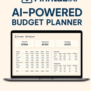 May include: A laptop displaying a budget planner interface with the text "FinnLab.AI AI-POWERED BUDGET PLANNER." The screen shows income, expenses, and savings data, along with a detailed breakdown of income and expense categories.