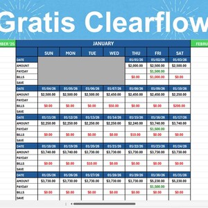 May include: A spreadsheet titled "Gratis Clearflow" with a blue and white color scheme. The spreadsheet is organized into columns for dates, amounts, and other financial categories, with the month of January prominently displayed.