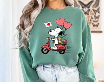 Snoopy Love Delivery PNG SVG Valentijnsdag Sublimatie Ontwerp Woodstock Motor Scooter Hartballon Clipart