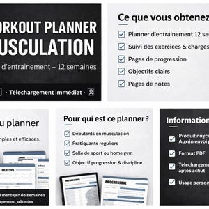 Könnte beinhalten: Digitaler Trainingsplaner für Muskelaufbau mit einem 12-Wochen-Trainingsprogramm. Das schwarz-weiße Design umfasst Abschnitte zur Trainingsverfolgung, Fortschrittsseiten und klare Ziele. PDF-Download verfügbar.