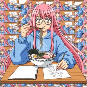 May include: Anime-style illustration of a person with pink hair and glasses eating ramen with chopsticks. The person is wearing a blue hoodie and drawing a cat on a notepad. The background features multiple copies of the same person.