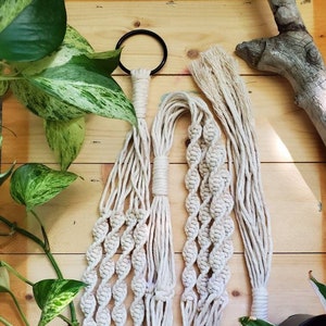 May include: Cream-coloured macrame plant hangers with a black metal ring for hanging. The hangers feature intricate knotting patterns and are displayed against a wooden background, with green leafy plants in the foreground and background. A decorative piece for indoor plants.