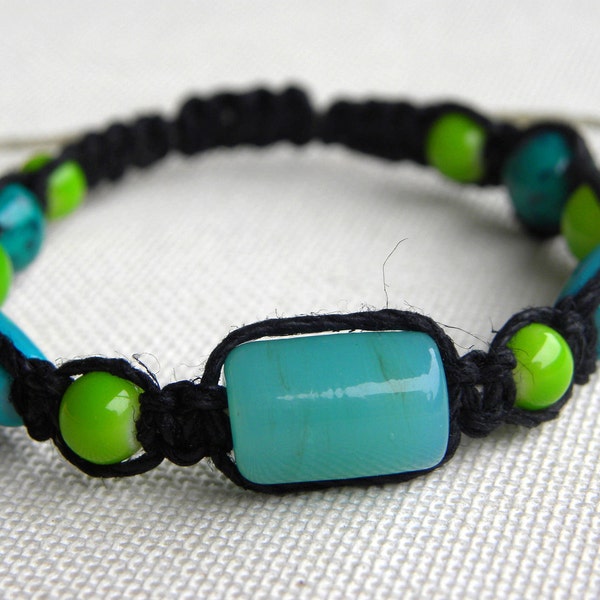 Hemp Bracelet - Aqua, Lime, Black - Macrame - Glass Beads - Adjustable Hemp - Gifts Under 10