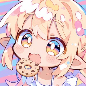 Puede incluir: Ilustración digital de un personaje de dibujos animados con ojos grandes y coloridos y cabello rubio claro. El personaje está comiendo una rosquilla con chispas de chocolate. El fondo presenta colores pastel de azul, rosa y amarillo.