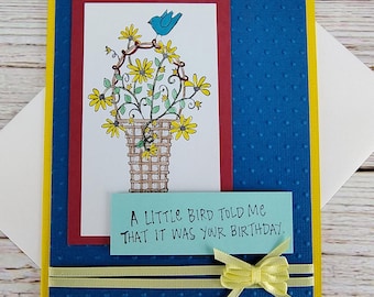Handmade Birthday Card with Flowers & Bird – Inside Sentiment "Happy Birthday to You" – Blue and Yellow Greeting Card