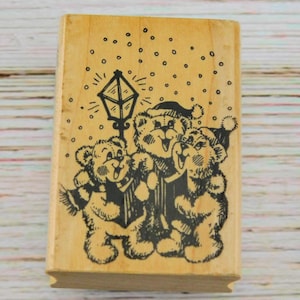 Stampendous Carol Bears Rubber Stamp – Vintage Christmas Caroling Bear Trio Wood Mounted Stamp