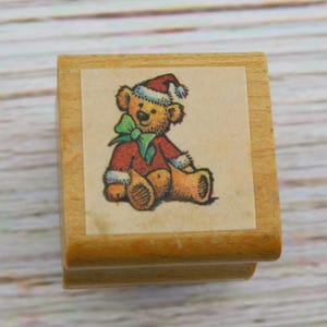 Christmas Teddy Bear Rubber Stamp – Holiday Bear in Santa Hat with Bow – Wood Mounted Stamp for Cards, Tags & Scrapbooking