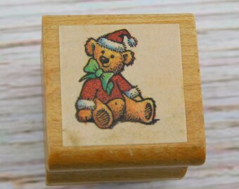 Christmas Teddy Bear Rubber Stamp – Holiday Bear in Santa Hat with Bow – Wood Mounted Stamp for Cards, Tags & Scrapbooking