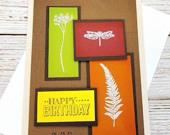 Dragonfly Birthday Card, Botanical Fern Birthday Card, Nature Inspired Handmade Birthday Card, Blank Inside