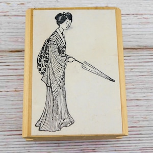 Geisha with Umbrella Rubber Stamp – Japanese Woman in Kimono Wood Mounted Stemple do kartek i rękodzieła
