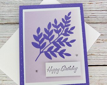 Lavender Botanical Birthday Card, Handmade Purple Floral Birthday Card with Gems, Elegant Hand Stamped Greeting Card