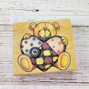 Patchwork Teddy Bear Rubber Stamp • Rubber Stampede Bear Stamp • Heart Quilt Bear • Cardmaking & Scrapbooking