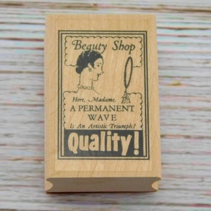 Beauty Shop Stempel - Frau mit Spiegel - Permanent Wave - auf Holz montierter Stempel