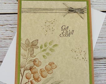 Handmade Get Well Card – Nature Inspired Floral Design in Coral & Green with Linen Thread Accent
