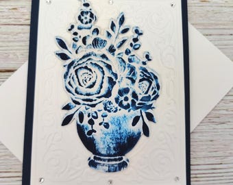 Navy Blue Floral Birthday Card, Elegant Embossed Flower Vase Card, Handmade Birthday Greeting Card with Gems, Classic Navy and White Card
