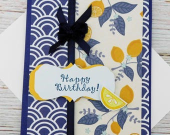 Handmade Lemon Birthday Card - Navy and Yellow Citrus Theme - Happy Birthday Greeting – Summer Birthday Card