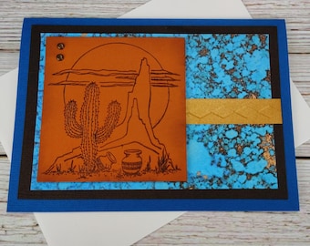 Southwest Birthday Card – Handmade Desert Cactus Greeting with Turquoise Accent – Western Cowboy Style Card, Inside Sentiment Happy Birthday