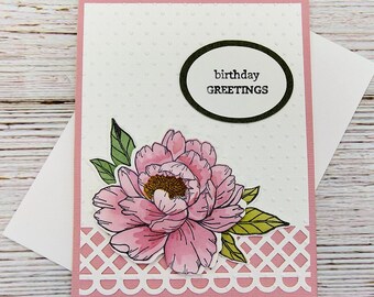 Pink Peony Birthday Card, Handmade Floral Birthday Card, Feminine Birthday Greeting, Elegant Flower Card, Soft Pastel Birthday
