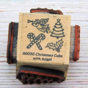 Christmas Rubber Stamp Cube - Angel Stamp - Christmas Tree Stamp - Candy Canes Stamp - Holly Stamp - Wood Mounted Stamp