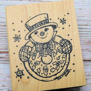 Snowman Rubber Stamp - Snowman and Wreath - Northwoods Stamps - Wood Mounted Stamp