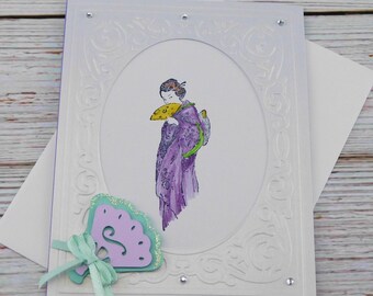 Artistic Birthday Card, Hand Colored Illustration, Elegant Handmade Birthday Card, Asian Inspired Design, Unique Birthday Card
