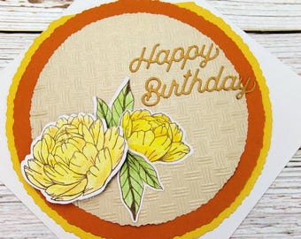 Yellow Peony Birthday Card, Handmade Floral Birthday Card, Warm Orange & Yellow Greeting Card, Blank Inside