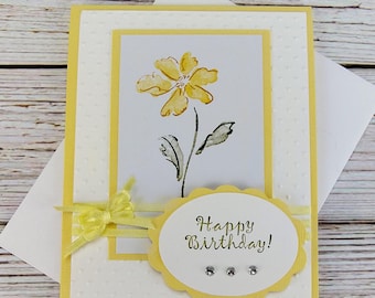 Handmade Yellow Floral Birthday Card – Embossed Happy Birthday Card with Ribbon and Rhinestones – Elegant Greeting Card for Her