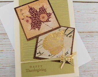 Handmade Thanksgiving Card – Autumn Maple & Gold Rose Leaf Design with Bow – Fall Greeting – Stamped Sentiment Inside