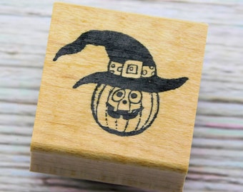 Pumpkin with Witch Hat Rubber Stamp – Cute Halloween Jack-o’-Lantern Stamp for Cards, Tags & Journals