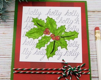 Holly Christmas Card - Christmas Greeting Card - Handmade Card