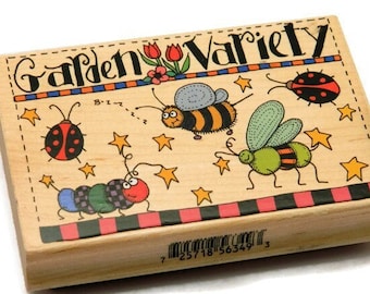 Garden Rubber Stamp - Ladybug Stamp - Bee Stamp -  Garden Variety - Inkadinkado - Wood Mounted Stamp