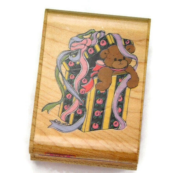 Bear Rubber Stamp - Gift Bear Stamp - Rubber Stampede - Wood Mount Stamp