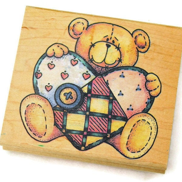 Teddy Bear Stamp - Patchwork Heart - Rubber Stampede - Wood Mount Stamp