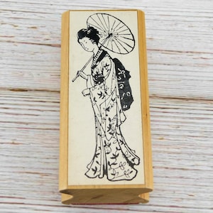 Geisha mit Regenschirm Motivstempel japanischer Kimono Portrait Holzstempel für Karten & Bastelarbeiten