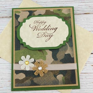 Tarjeta de boda de camuflaje hecha a mano – Tarjeta de boda rústica campestre – Interior en blanco – Tarjeta de felicitación de boda militar