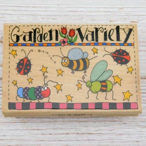 Garden Rubber Stamp - Ladybug Stamp - Bee Stamp -  Garden Variety - Inkadinkado - Alma Lynne Designs - Wood Mounted Stamp