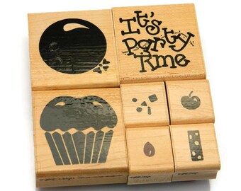 Cupcake Rubber Stamp - Balloon Stamp - Birthday Stamp Set - Invitation Stamps - JRL Design Stamps - Party Time - Cardmaking Stamps