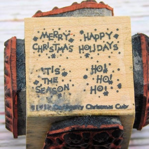 Kerst Rubberstempel Kubus - Vrolijk Kerstfeest - Fijne Feestdagen - Het is het seizoen - Ho Ho Ho - Op hout gemonteerde stempel