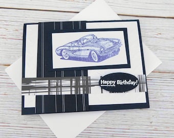 Handmade Birthday Card with Vintage Corvette – Masculine Classic Car Greeting Card – All Geared Up To Celebrate –  Black & White Auto Card