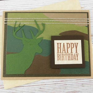 Carte d'anniversaire faite main avec motif chevreuil - Carte de voeux de chasseur rustique pour lui - Vierge à l'intérieur - Carte d'animaux sauvages pour l'extérieur