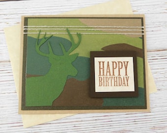 Handmade Deer Camo Birthday Card – Rustic Hunter Greeting Card for Him – Blank Inside – Masculine Outdoor Wildlife Card