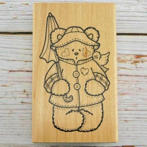 Darcie&#39;s Rainy Day Teddy Bear Rubber Stamp – Wood Mounted Bear with Umbrella for Card Making & Crafts