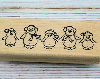 Penguin Rubber Stamp - Penguin Border Stamp - Christmas Penguins - Denami Design Stamp - Wood Mounted Stamp