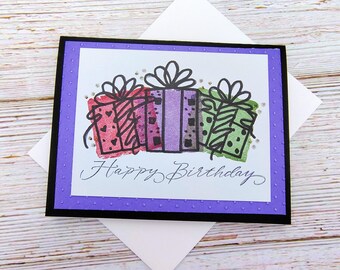 Birthday Gift Boxes Card, Handmade Birthday Greeting Card, Purple Black Birthday Card, Present Theme Card, Happy Birthday Card
