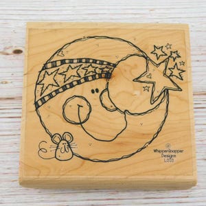 Moon and Stars Rubber Stamp - Sleepy Moon with Mouse -  Whipper Snapper Designs -  Wood Mounted Stamp