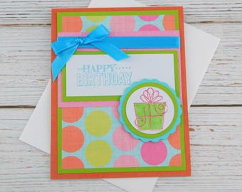 Handmade Birthday Card – Colorful Polka Dot Design with Gift & Bow – Turquoise Stamped Sentiment Inside