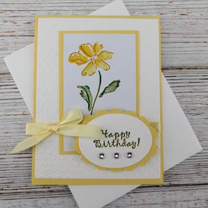 Handmade Yellow Floral Birthday Card – Embossed Happy Birthday Card with Ribbon and Rhinestones – Elegant Greeting Card for Her