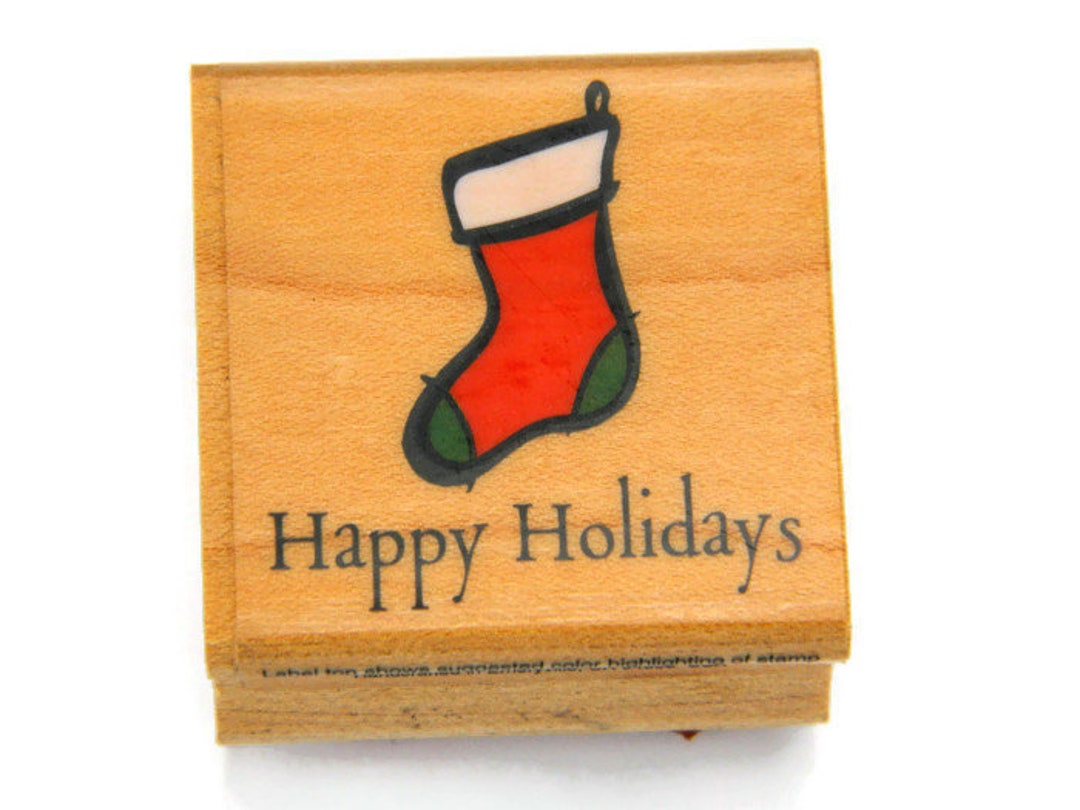 Happy Holidays Stamp Christmas Stocking Hero Arts Stamp Wood Mounted