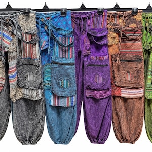 Handgjorda Nepal Patchwork bomullsbyxor, Himalaya Boho-byxor, Unisex Hippie Festivalkläder